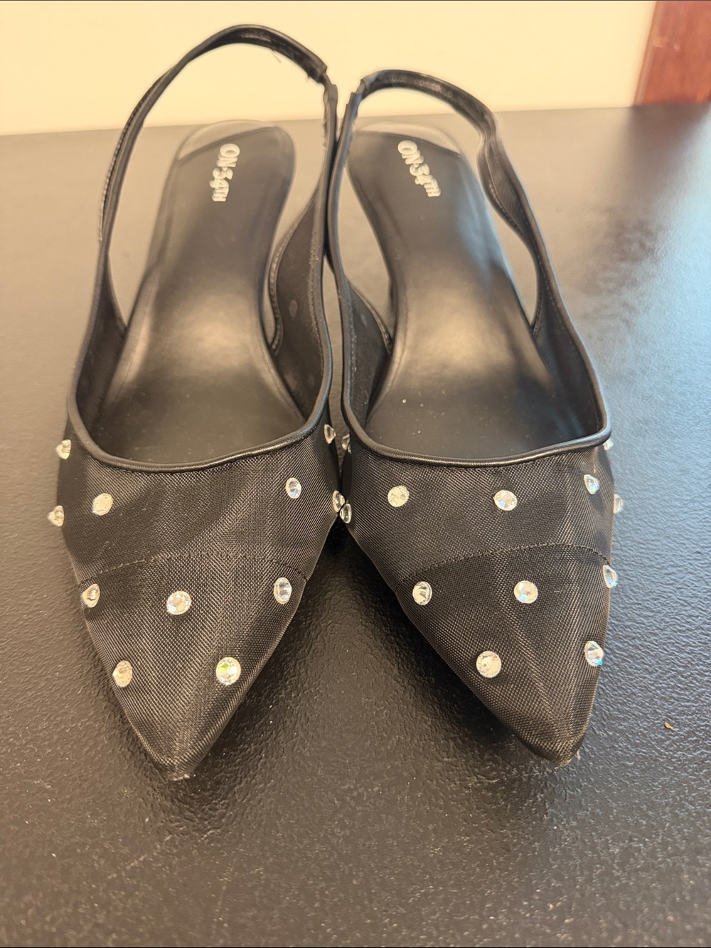 On 34th Black Crystal-Embellished Pointed Slingback Mules